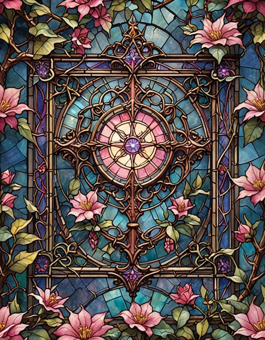 Pink Crown of Thorns Flower in Stained Glass