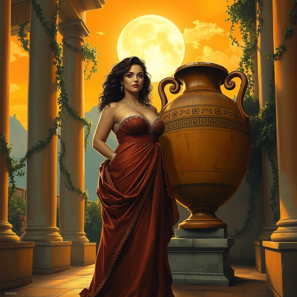 Curvy Woman and Amphora in Surreal Temple