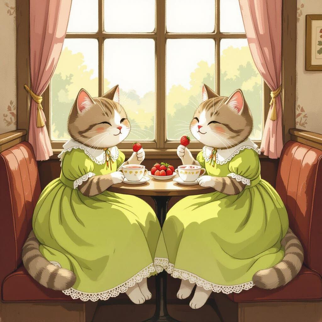 Cats in Dresses: A Whimsical Scene in Beatrix Potter Style