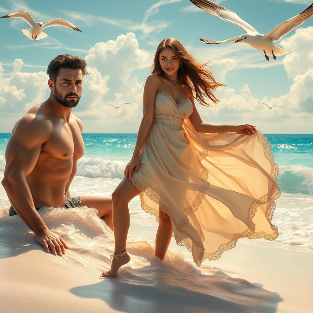 Rugged Masculine Figure Amidst Exotic Paradise