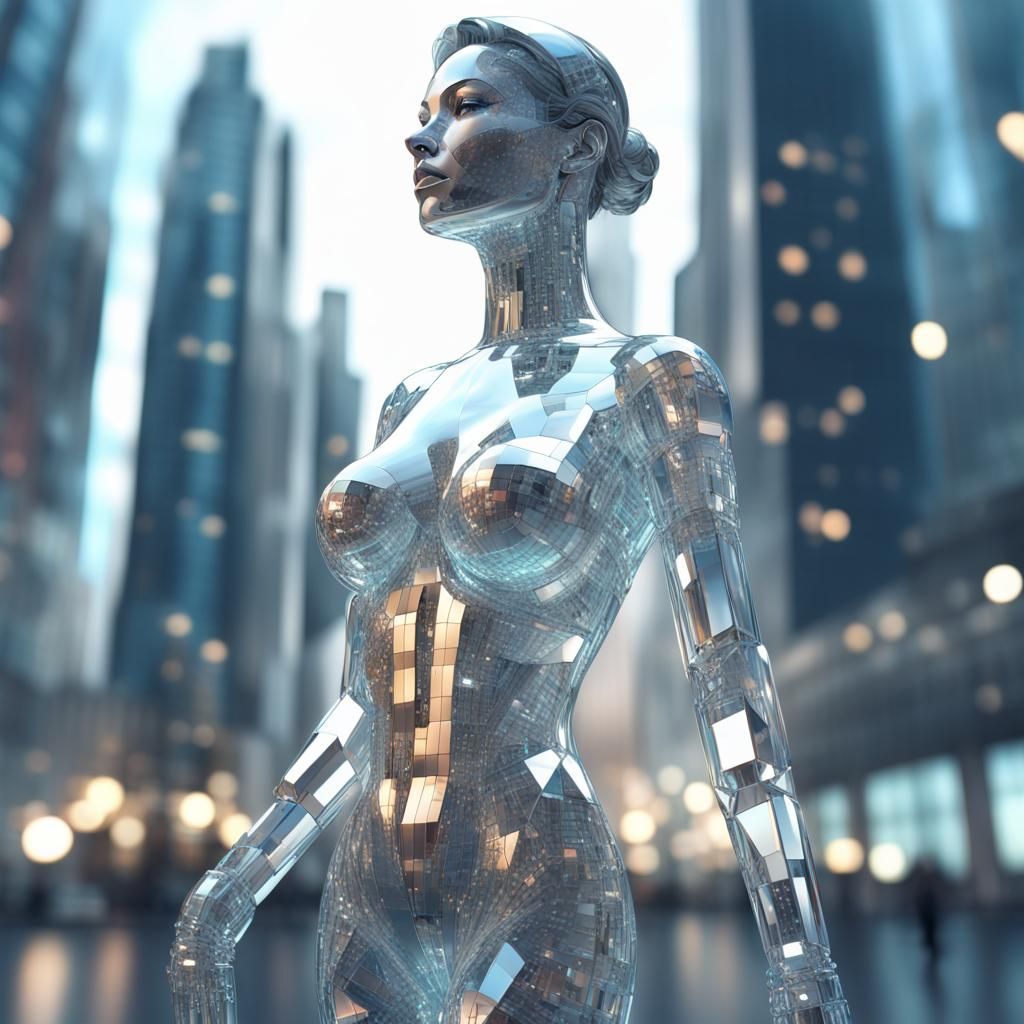 Glass Woman in Futuristic City, Digital Art