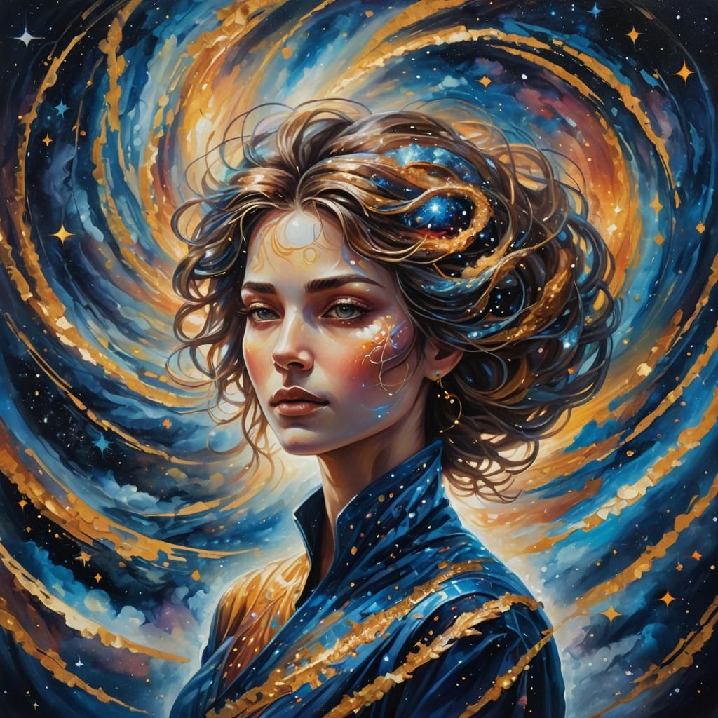 Surreal Figure Stepping into a Galaxy, Oil Painting