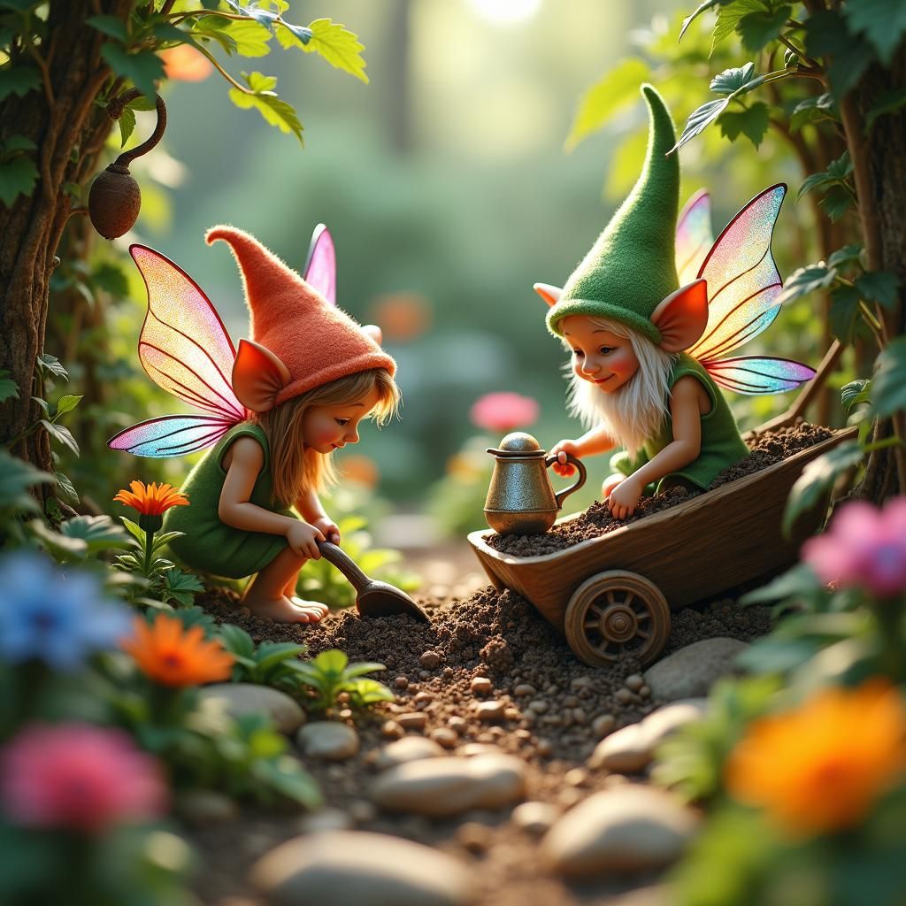 Lush Garden Scene with Faeries and Gnomes
