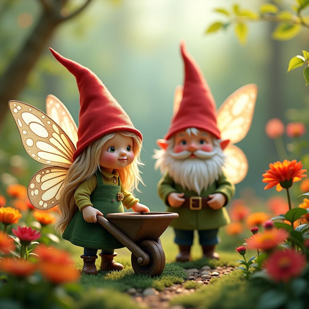 Enchanted Garden: Gnomes and Fairies Tend Flowers