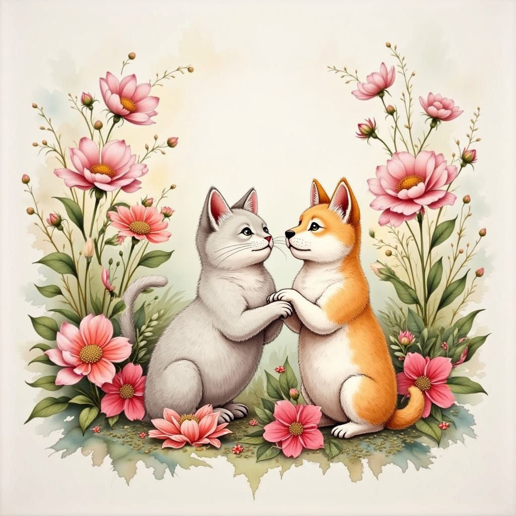 Watercolor Portrait of Cat and Dog in Floral Garden