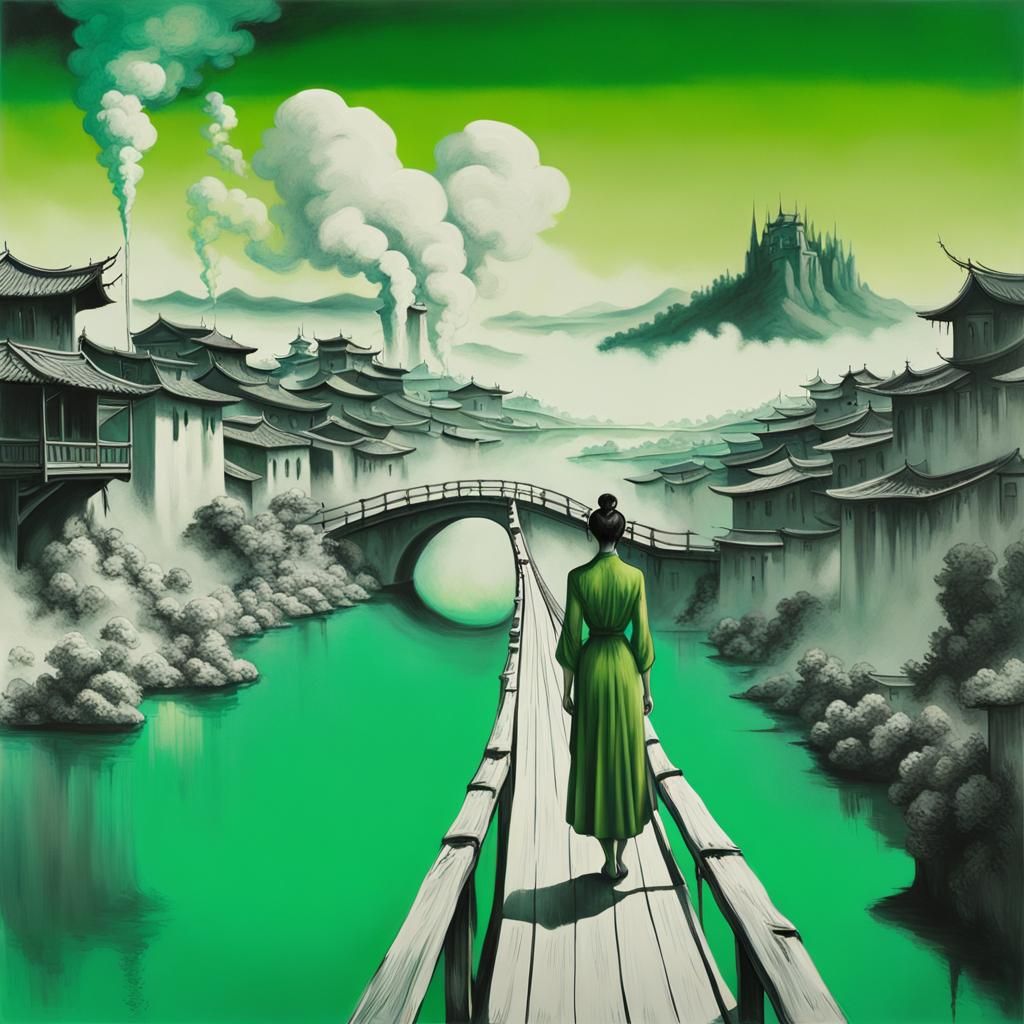 Surreal Asian Village Scene in Dichromatic Colors