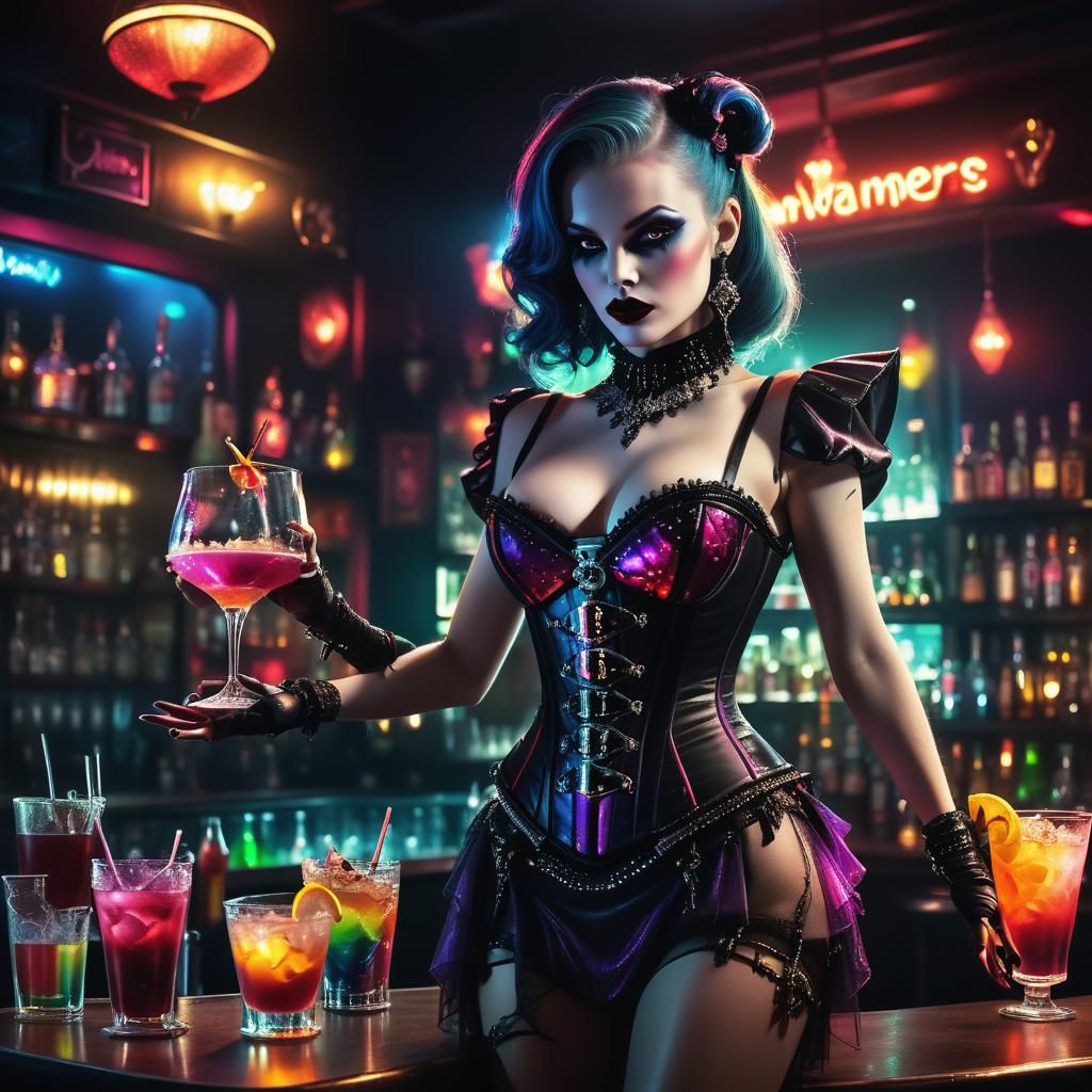 Exotic Space Vampire Serves Drinks in Neon Bar