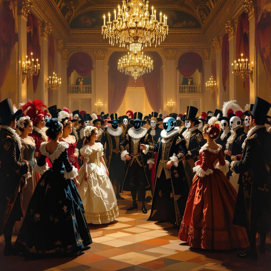 Opulent Ballroom Scene: Masked Guests Imitating Rose and Cha...