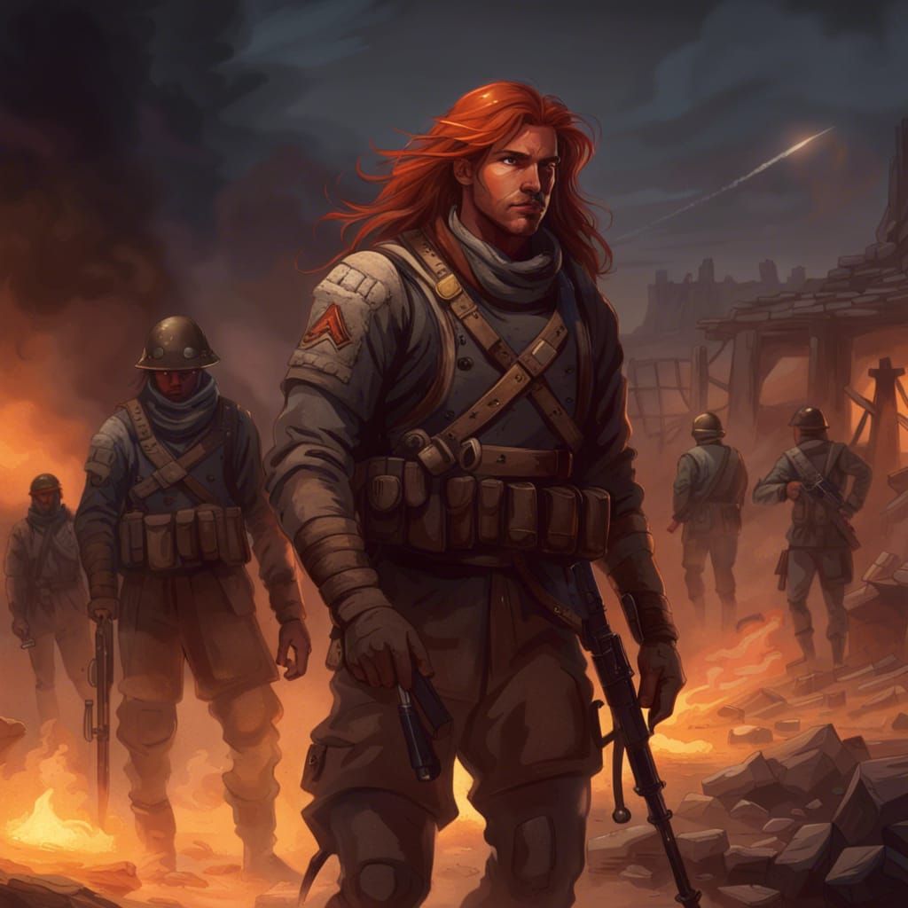 Fiery Desert Village: Soldier in a Military Action Scene