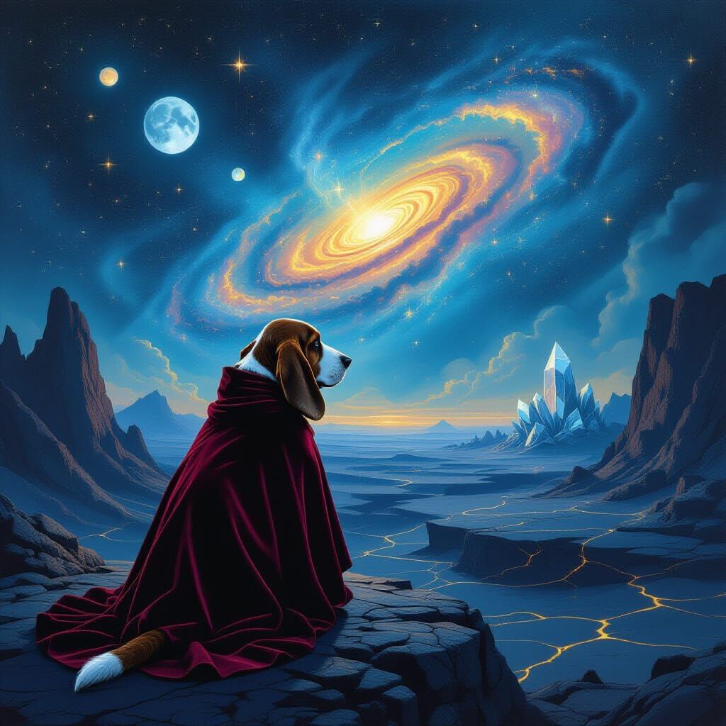 Melancholy Basset Hound Contemplates Nebula in Surreal Cosmi...