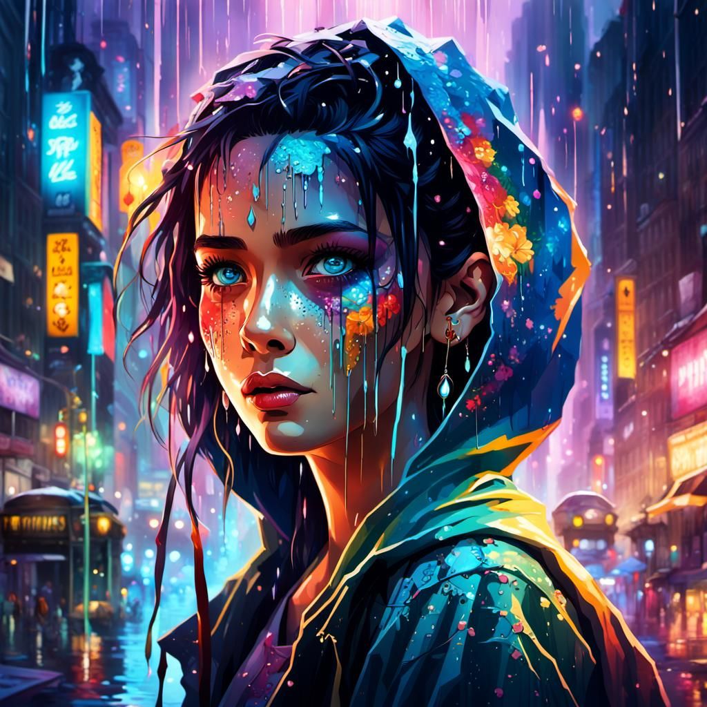 Kawaii Woman in Rainy Cyberpunk Cityscape