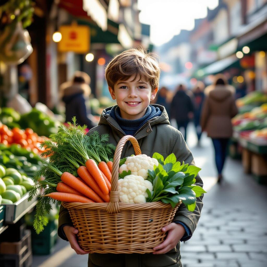 Boy with Vegetables in Winter Market