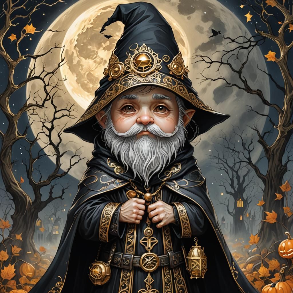 Chibi Halloween Gnome in Gothic Klimt Style