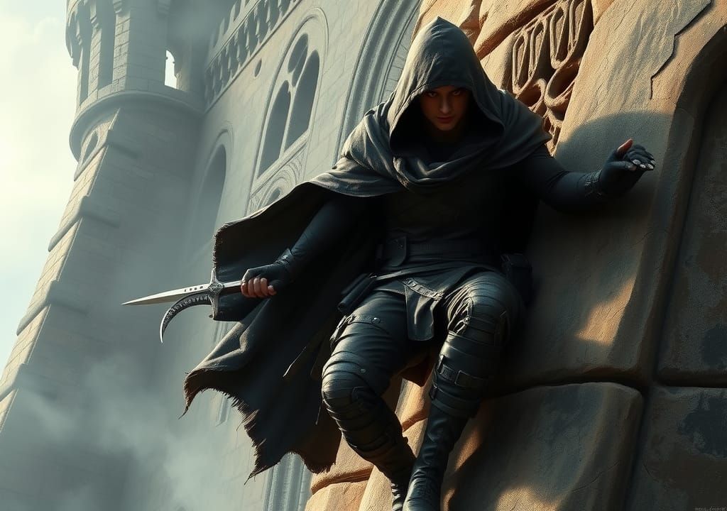 Hooded Rogue Scaling Castle Wall in Dark Fantasy Style