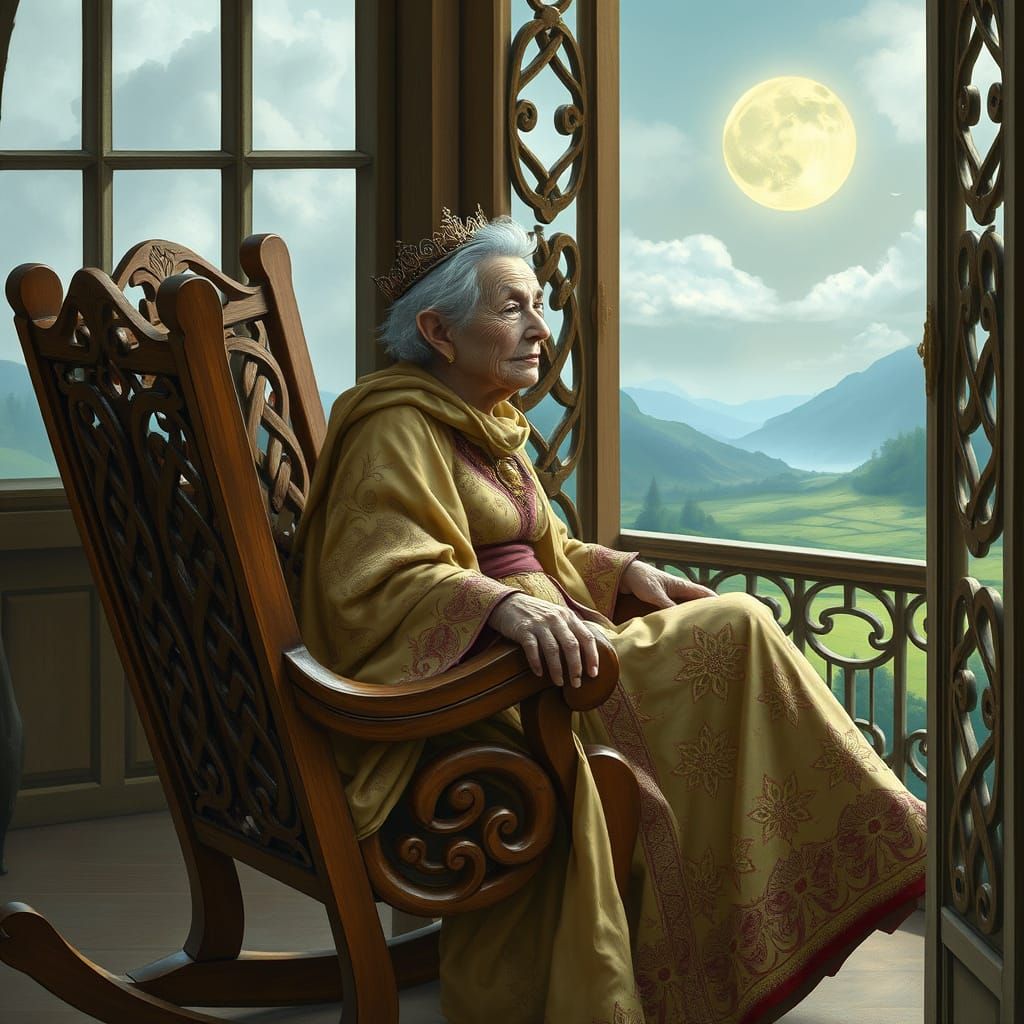 Aging Fairy Queen Overlooking Mystical Landscape