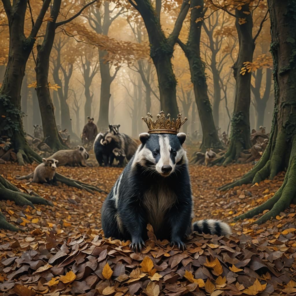 Badger King on Autumn Throne: Cinematic Digital Painting