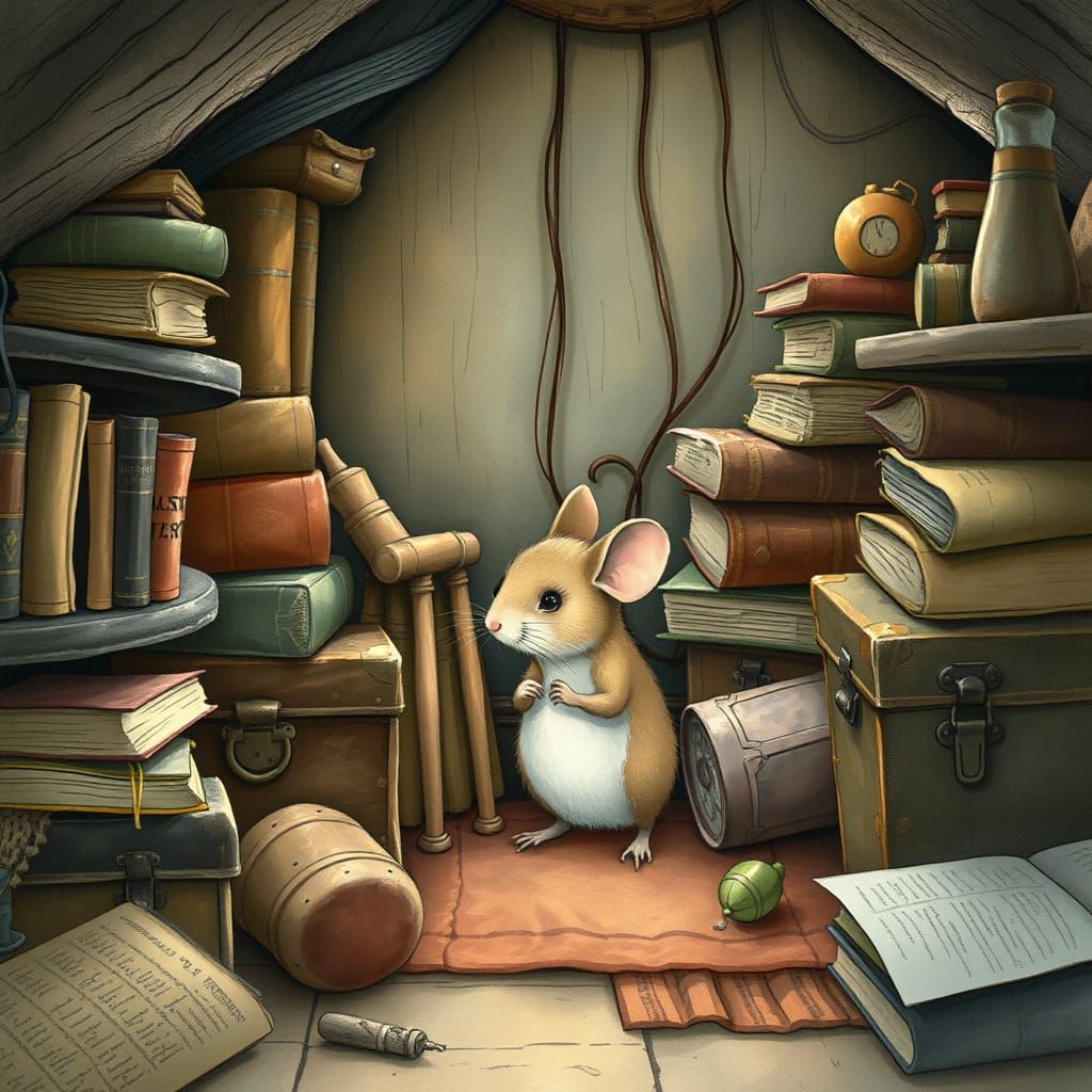 Mouse in Attic, Watercolor Illustration