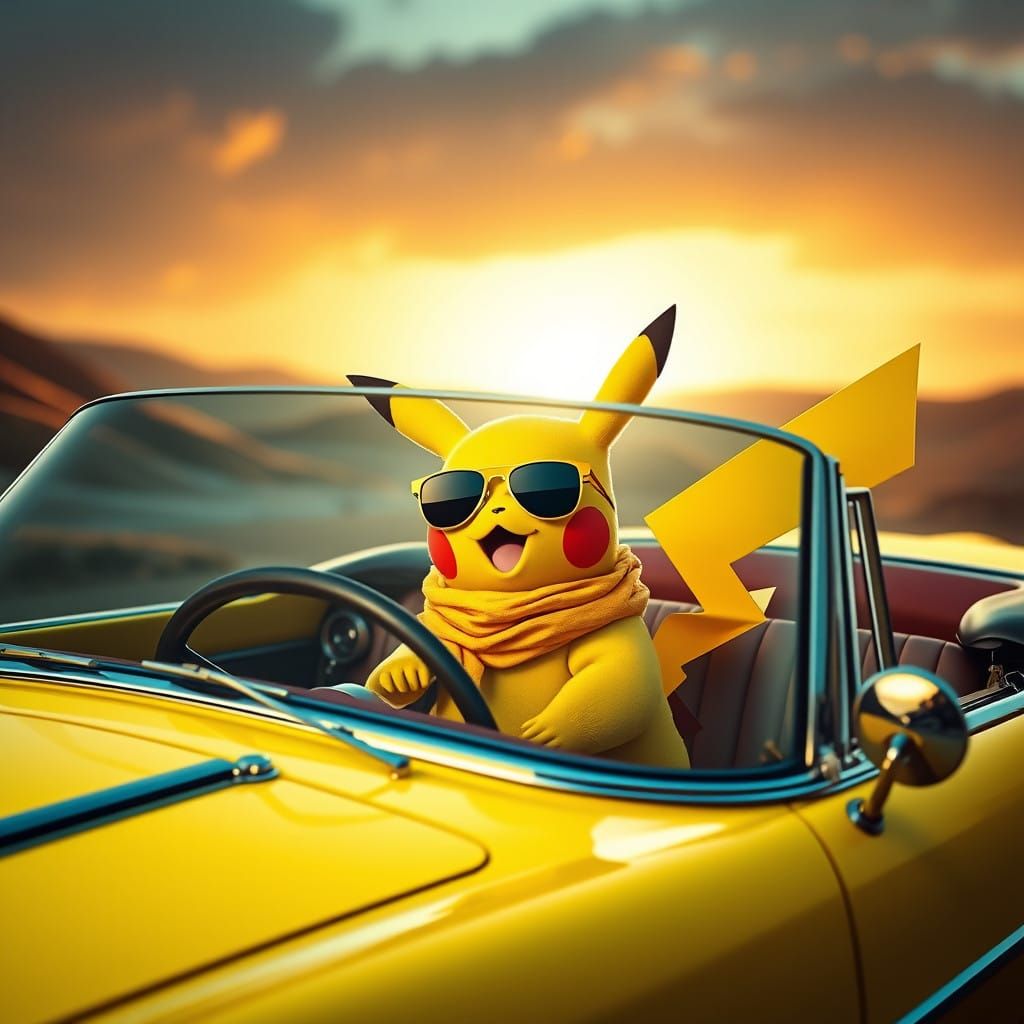 Joyful Pikachu Cruises in Vintage Yellow Convertible