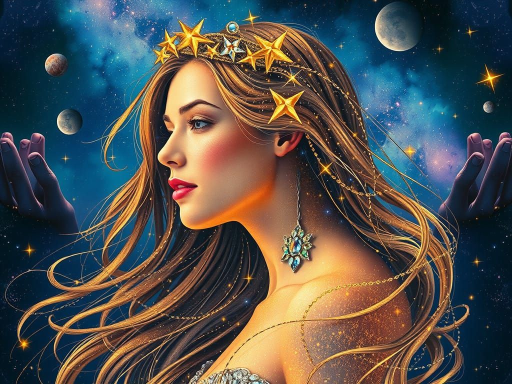 Celestial Goddess Radiates Enchantment in Shimmering Gold an...
