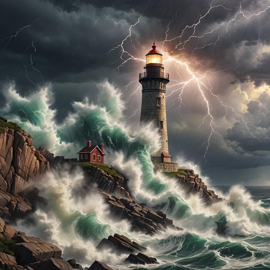 Lighthouse Struck by Lightning: Hyperrealistic Splash Art