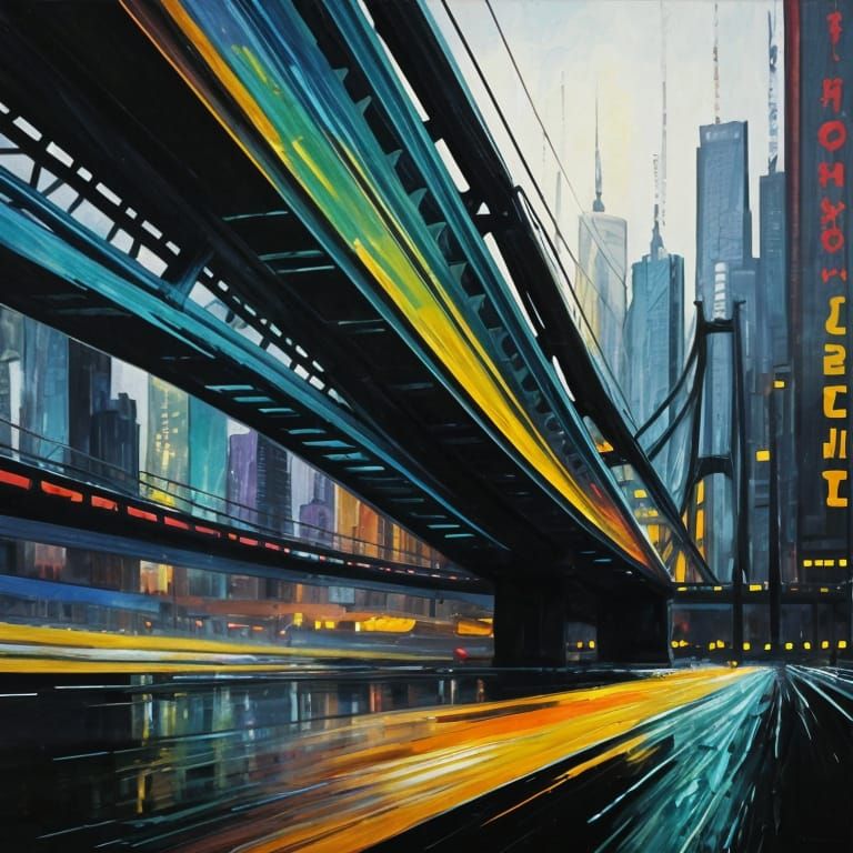 Neo-Expressionist Oil Painting of Bridgestone with Vibrant C...