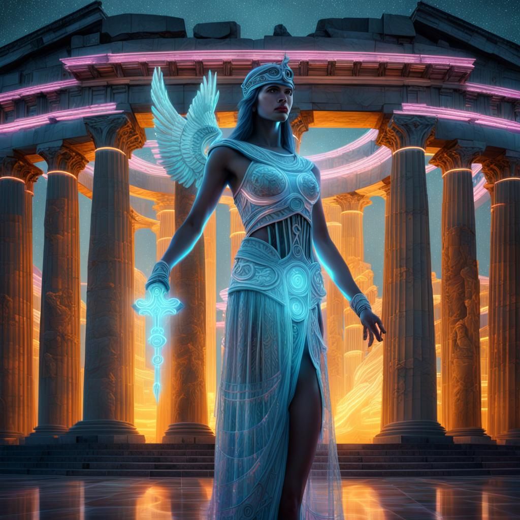 Holographic Athena Projected Before Neon Parthenon