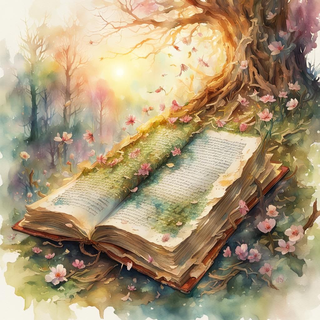 Book Disintegrates Into Spring Paradise: Digital Watercolor