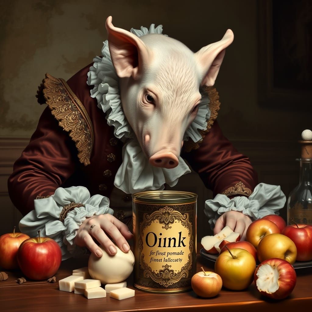 Elegant Courtier Sniffs Pork Fat in Ornate Rococo Setting