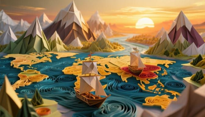 Origami Fantasy World Map with Paper Ships and Mountains