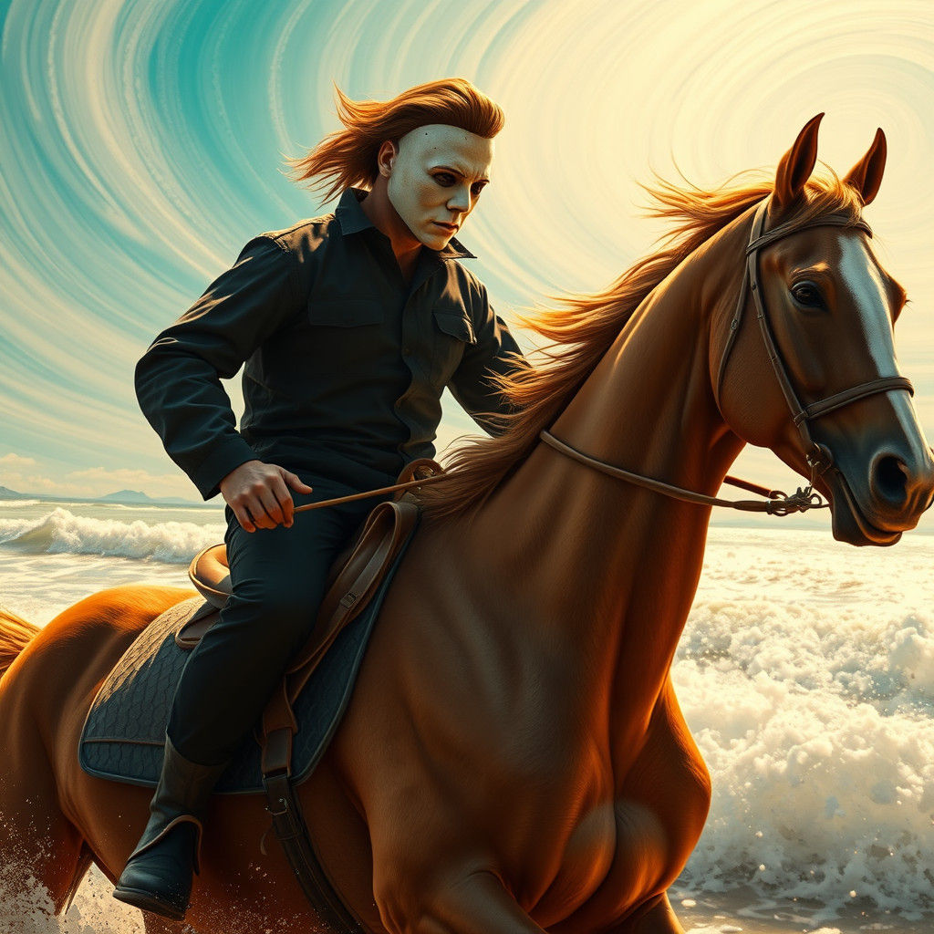 Michael Myers Rides Horse on Beach: Hyperrealistic Splash Ar...
