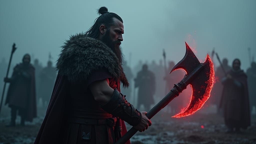 Viking Chieftain's Descent into Madness on Misty Battlefield