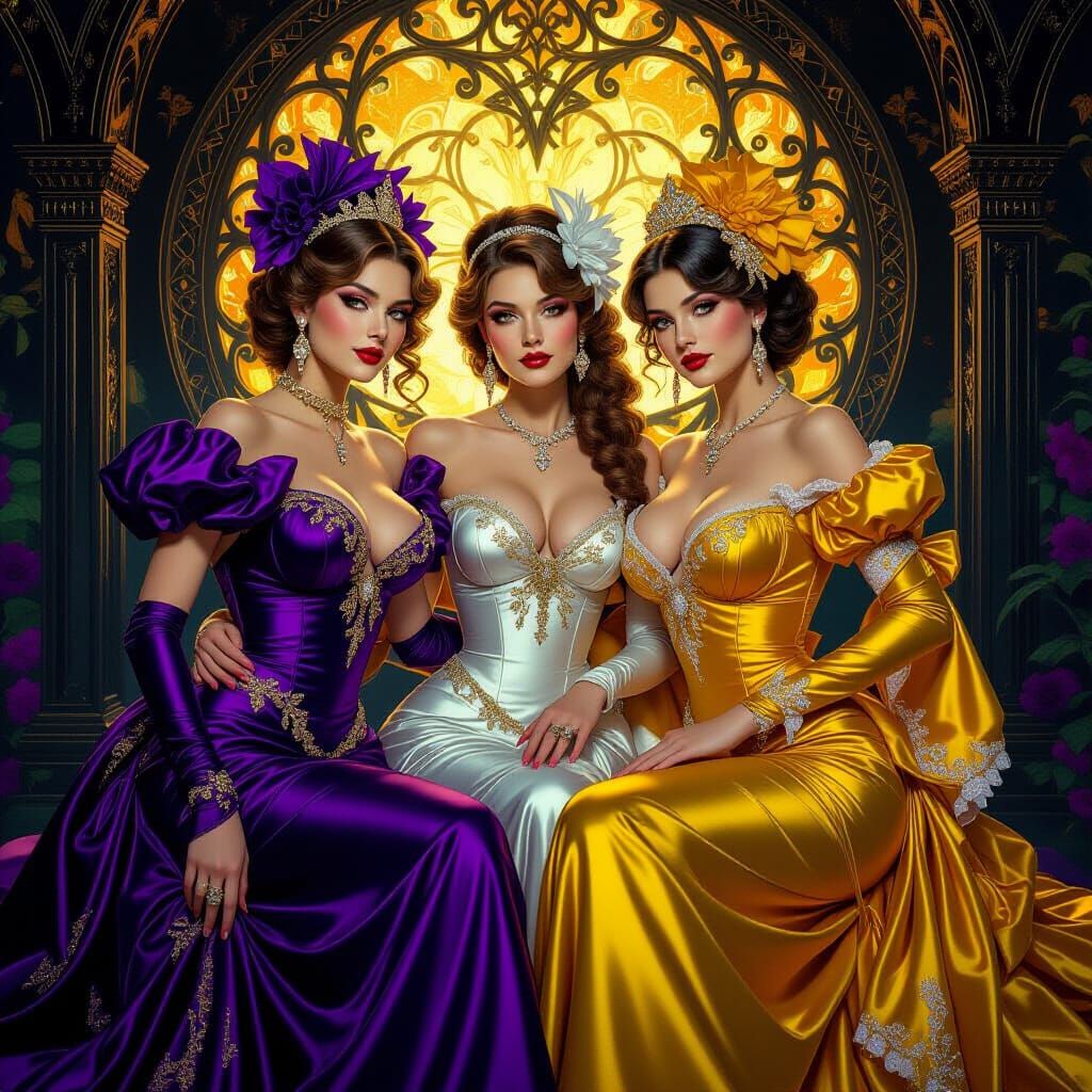 Vintage Showgirls in Opulent Attire, Dark Fantasy Art