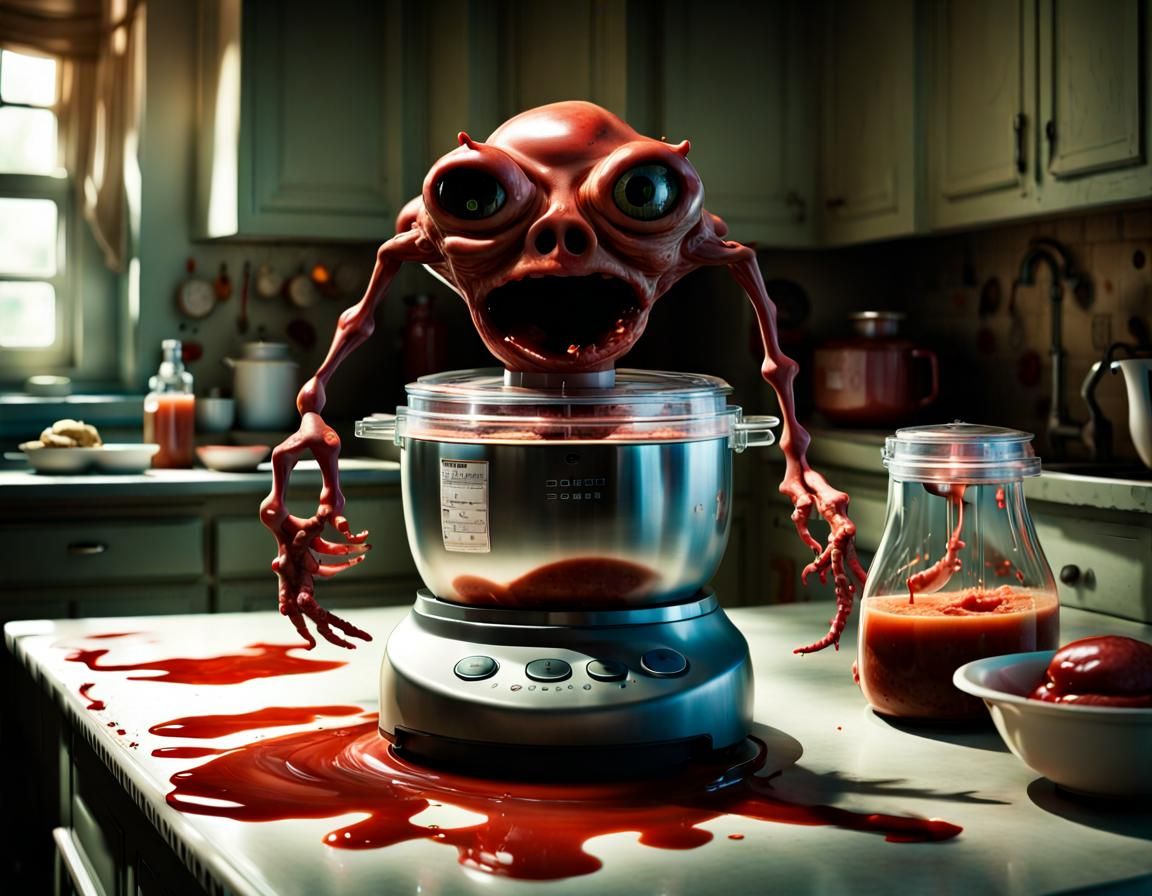 Demonic Gremlin in Food Processor: Photorealistic Image