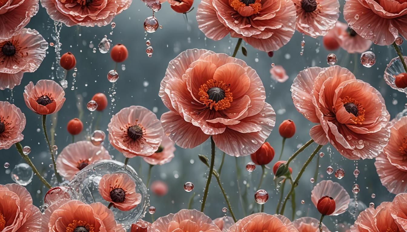 Poppy with Water Droplets in Rose Gold Fantasy Art