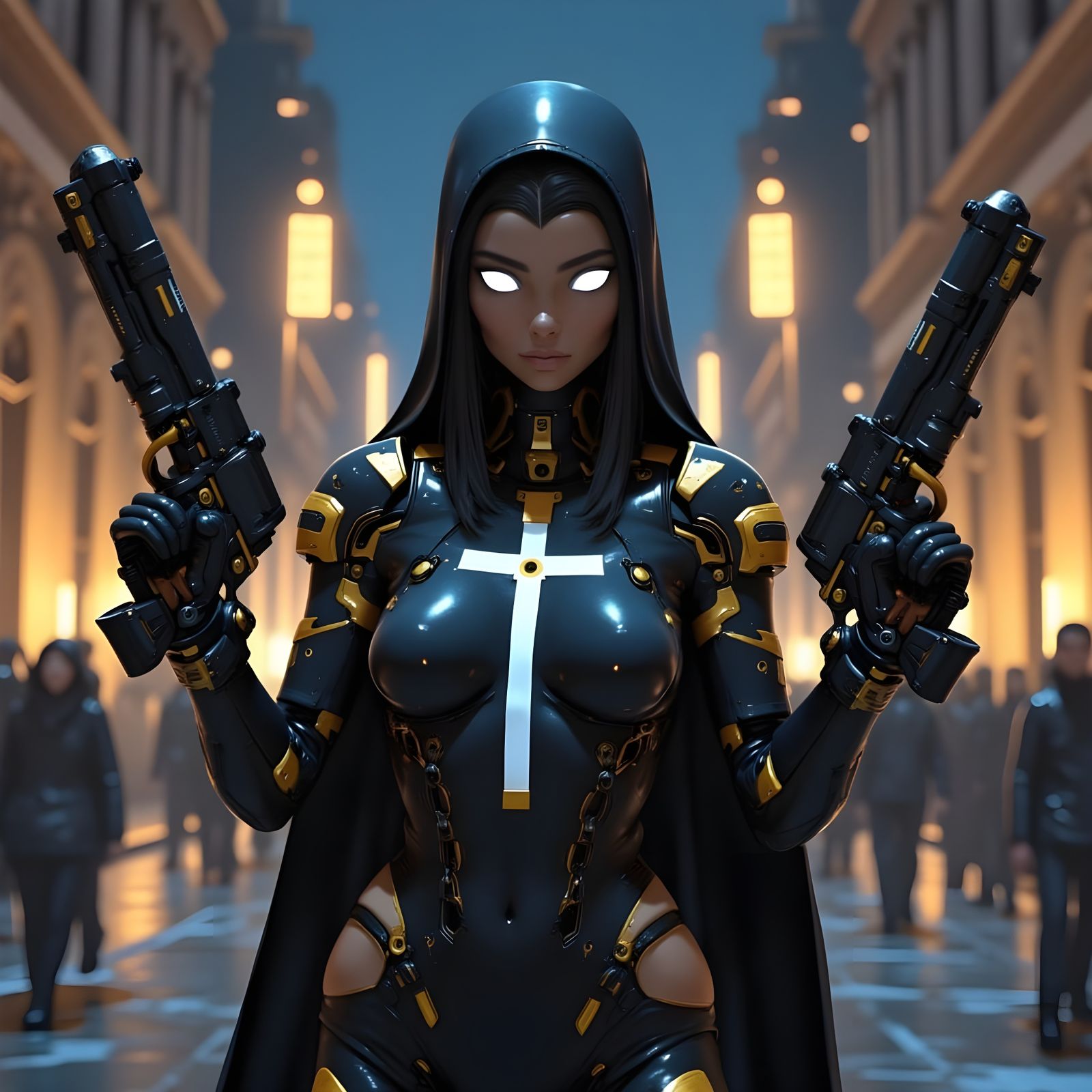Cyberpunk Nun Fights in Neo-Noir Parisian Night