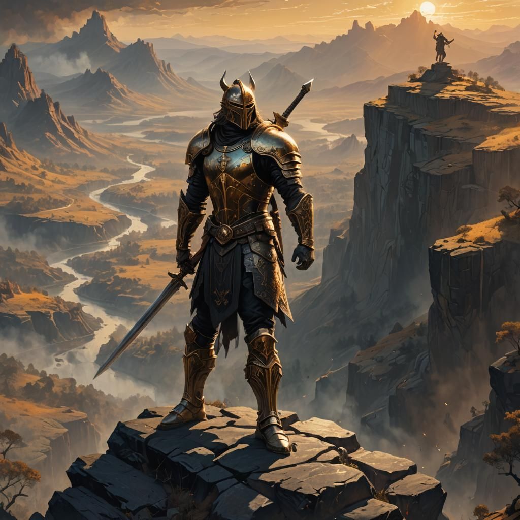 Fantasy Warrior Overlooking Battle-Scarred Landscape