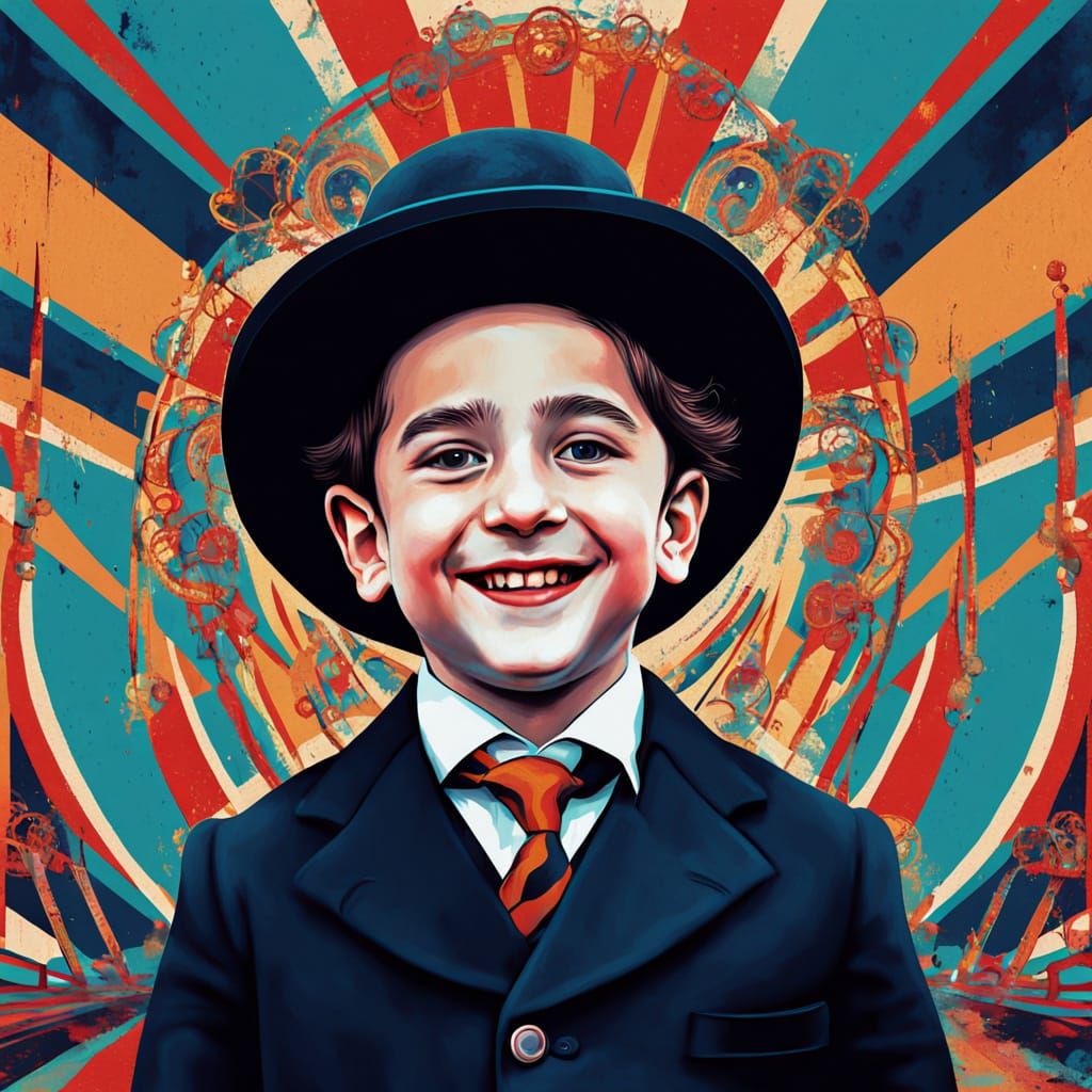 Cubist Ringmaster Child in Vibrant, Glitchcore Background