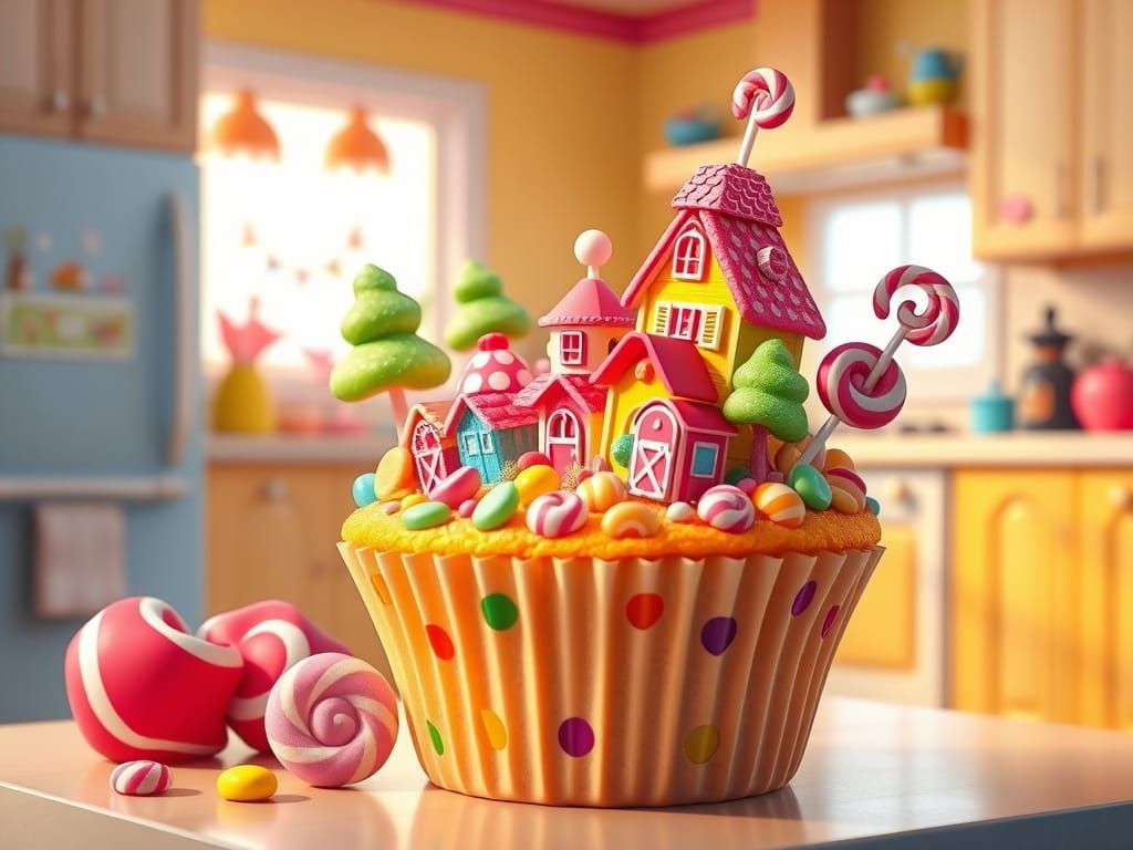 Hyperrealistic Cupcake Candy Village: Digital Illustration
