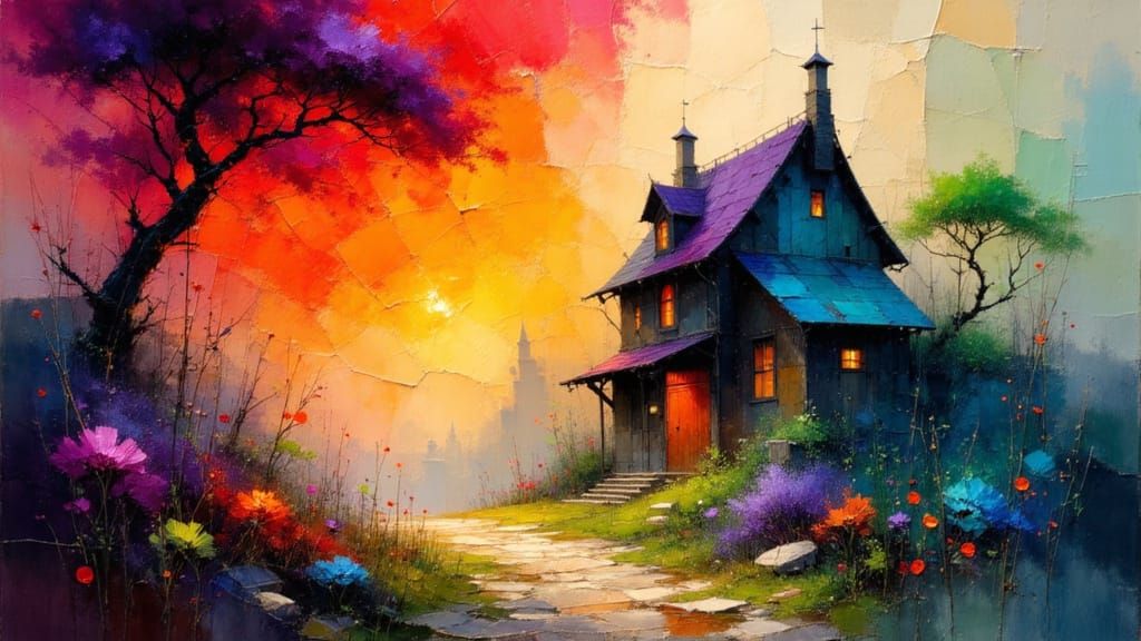 Enchanted Neo-Gothic Village Street in a Fractal Haze, Oil P...