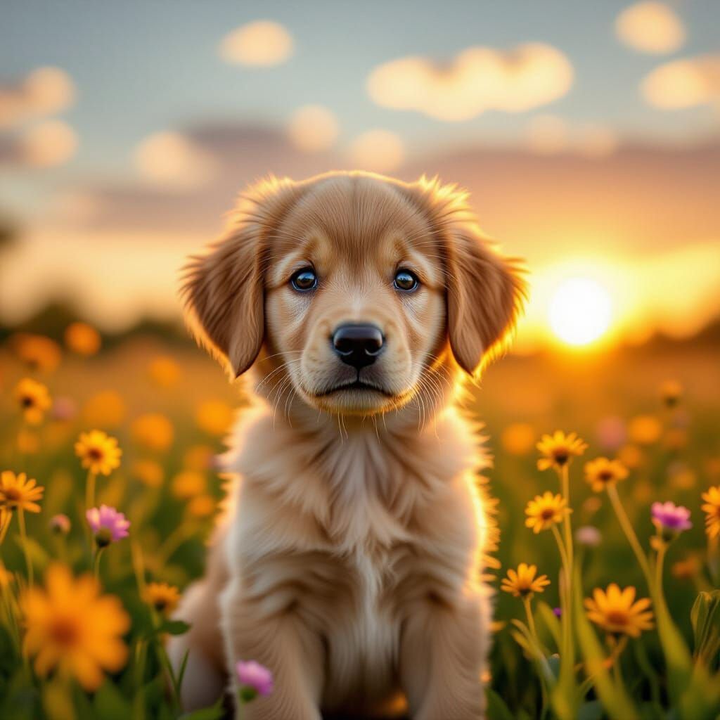 Golden Retriever Puppy in Wildflowers at Sunset: Hyperrealis...