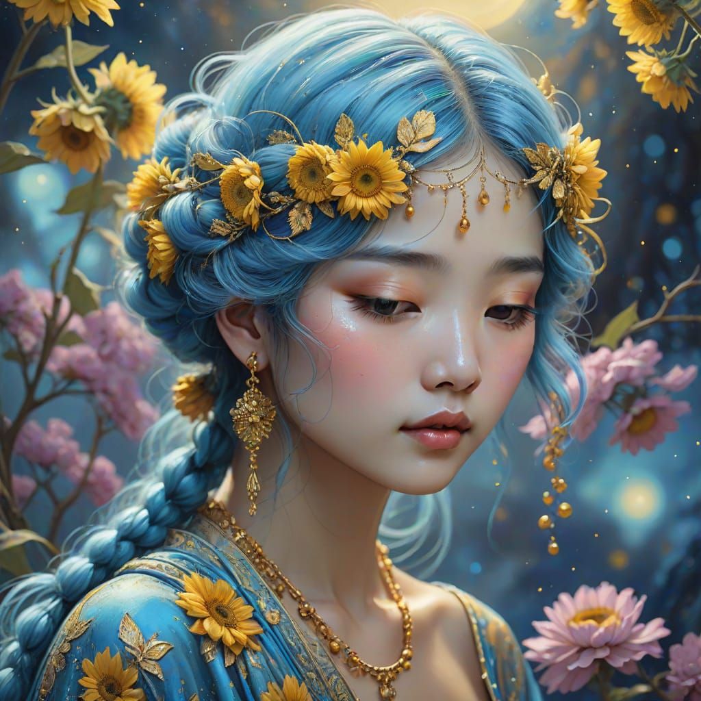 Serene Asian Woman with Moonlit Hair and Sunflowers