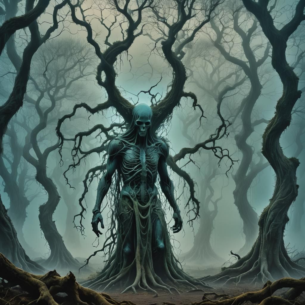 Surreal Figure Emerges in Mystical Dark Fantasy Forest