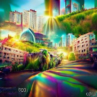 Psychedelic Cityscape with Green Wall: Film Concept Art