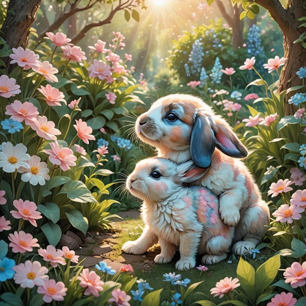 Whimsical Garden Scene: Baby, Puppy, and Bunny