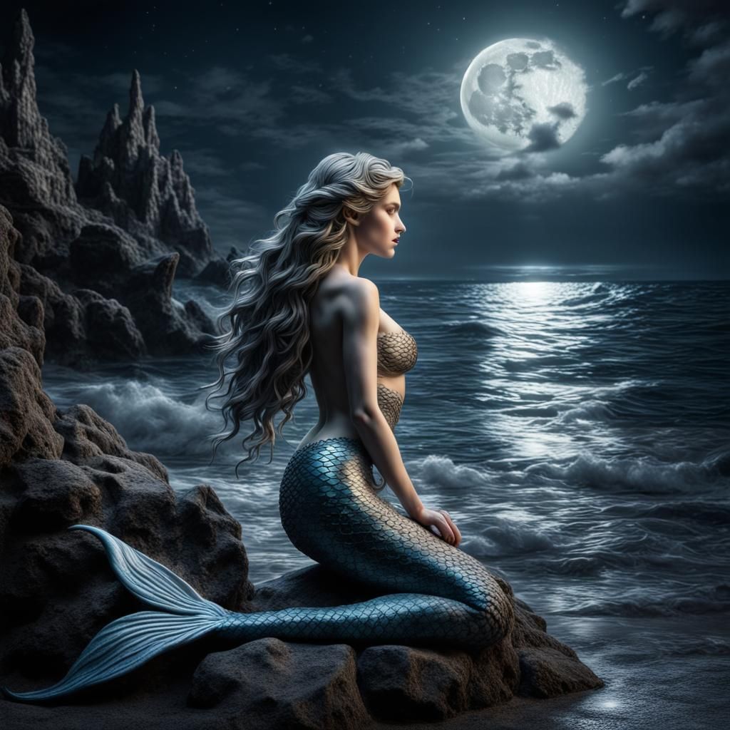 Hyperrealistic Mermaid Under Moonlight in Cinematic Style