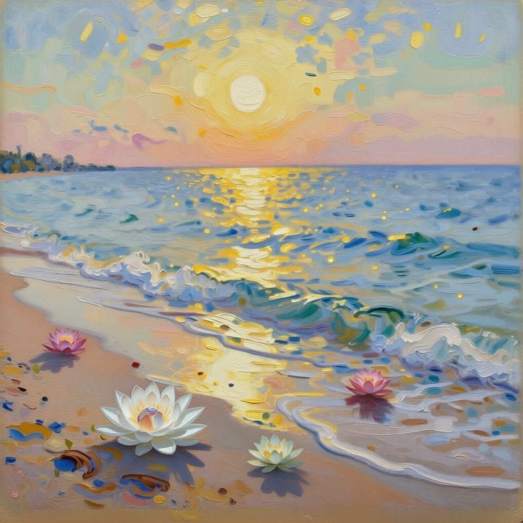 Lotuses Washed Ashore on a Serene Shoreline