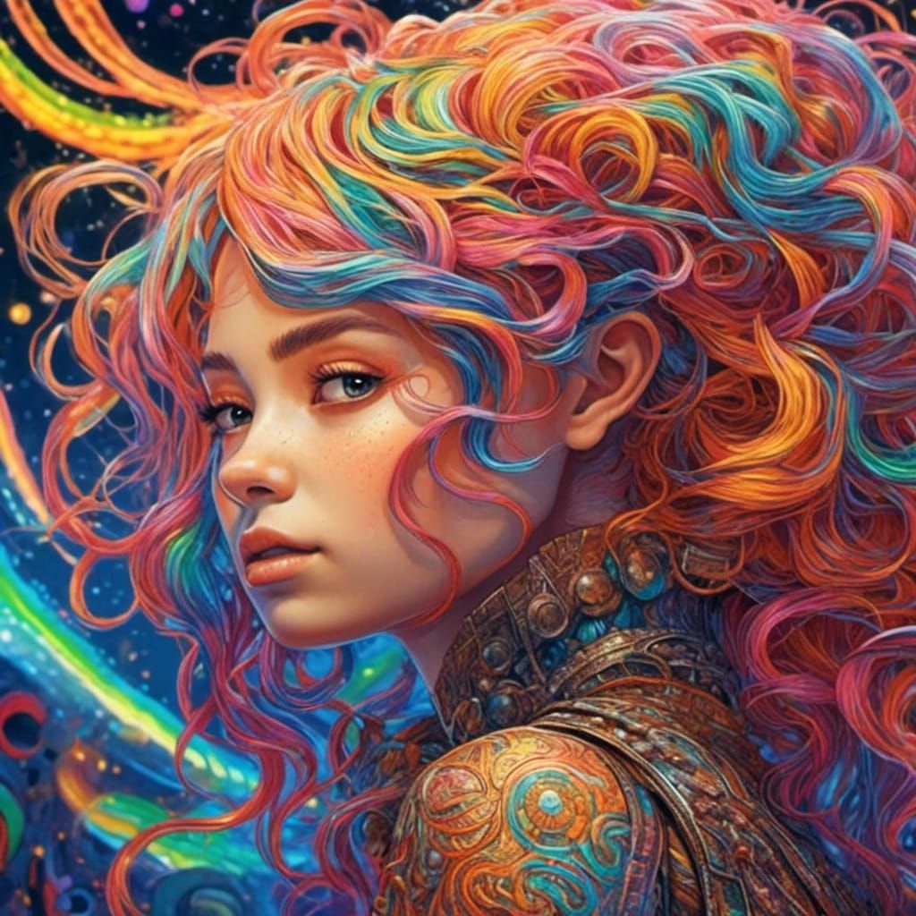 Rainbow Haired Woman with Henna, Surreal Illustration