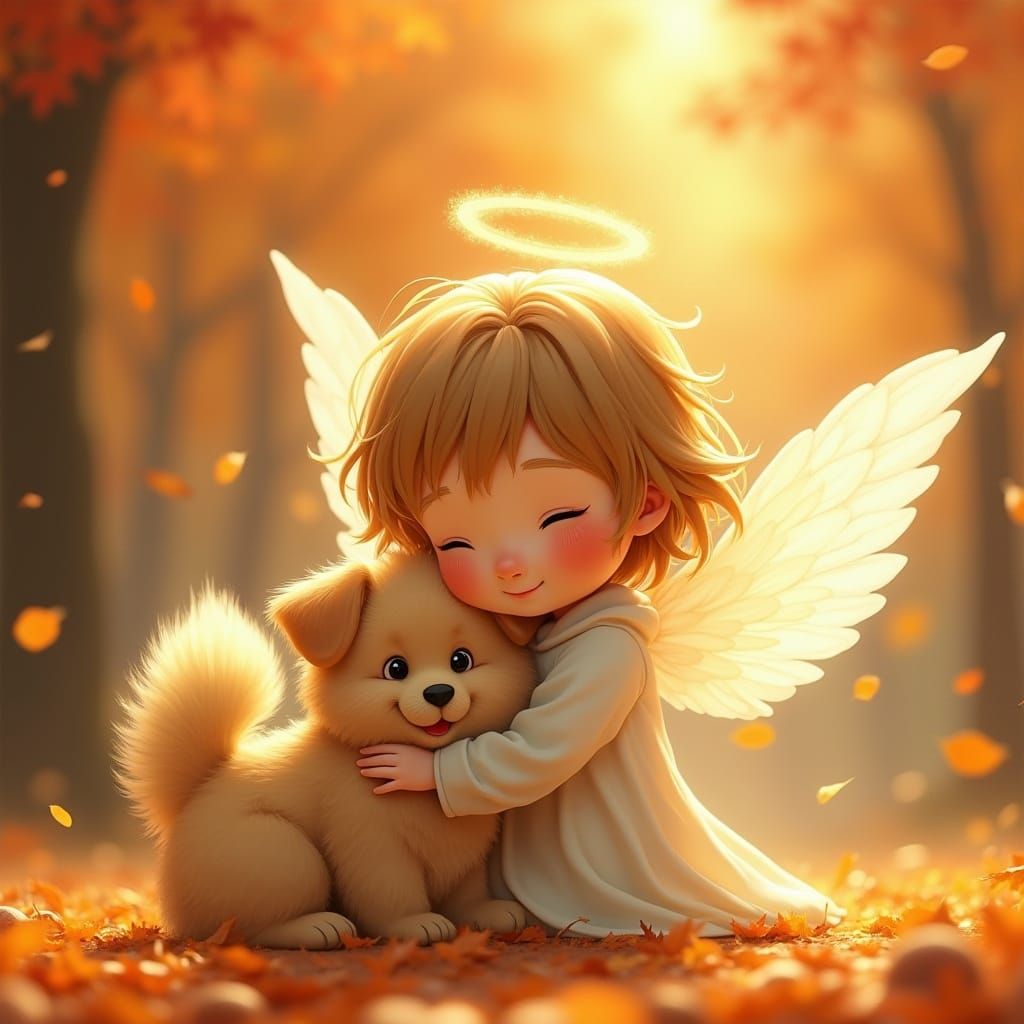 Angel Hugs a Young Dog in Whimsical Autumn Scene