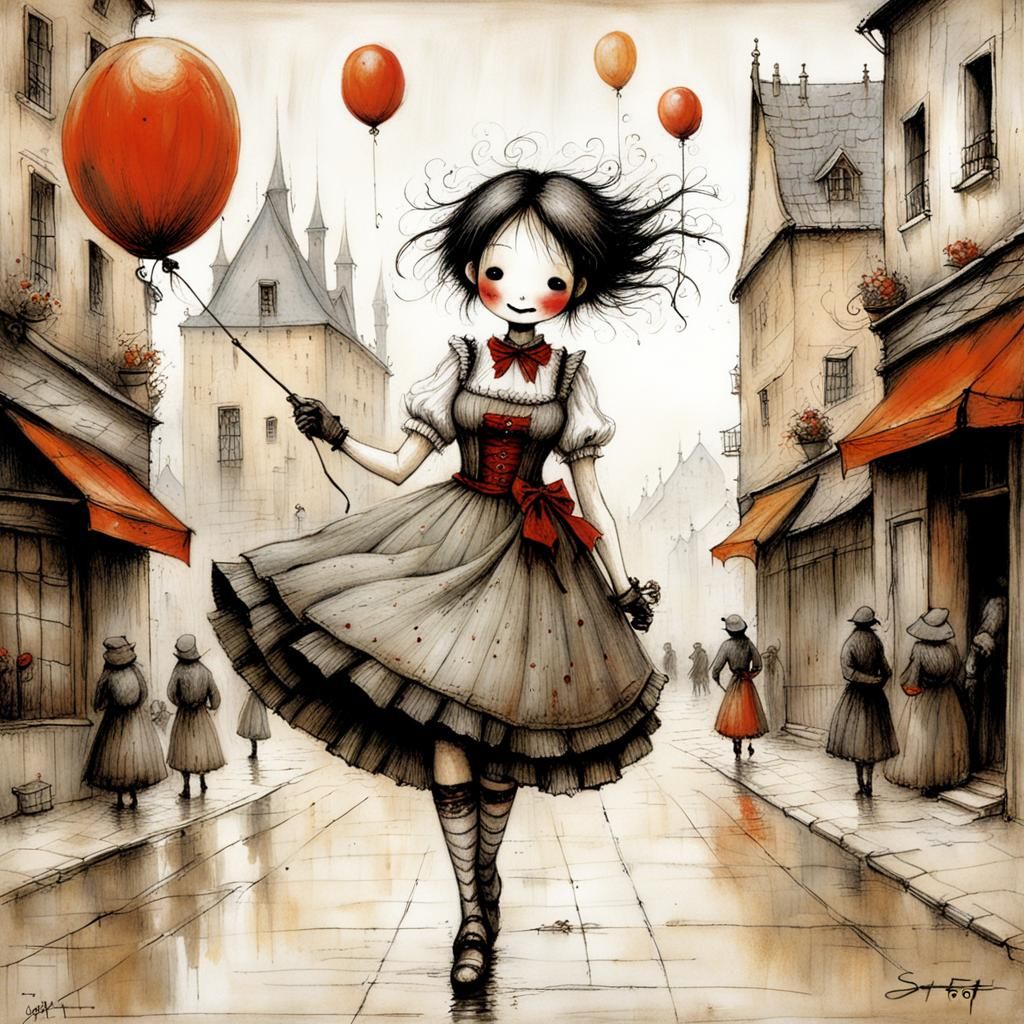 Cheerful Girl in Naive Art Style