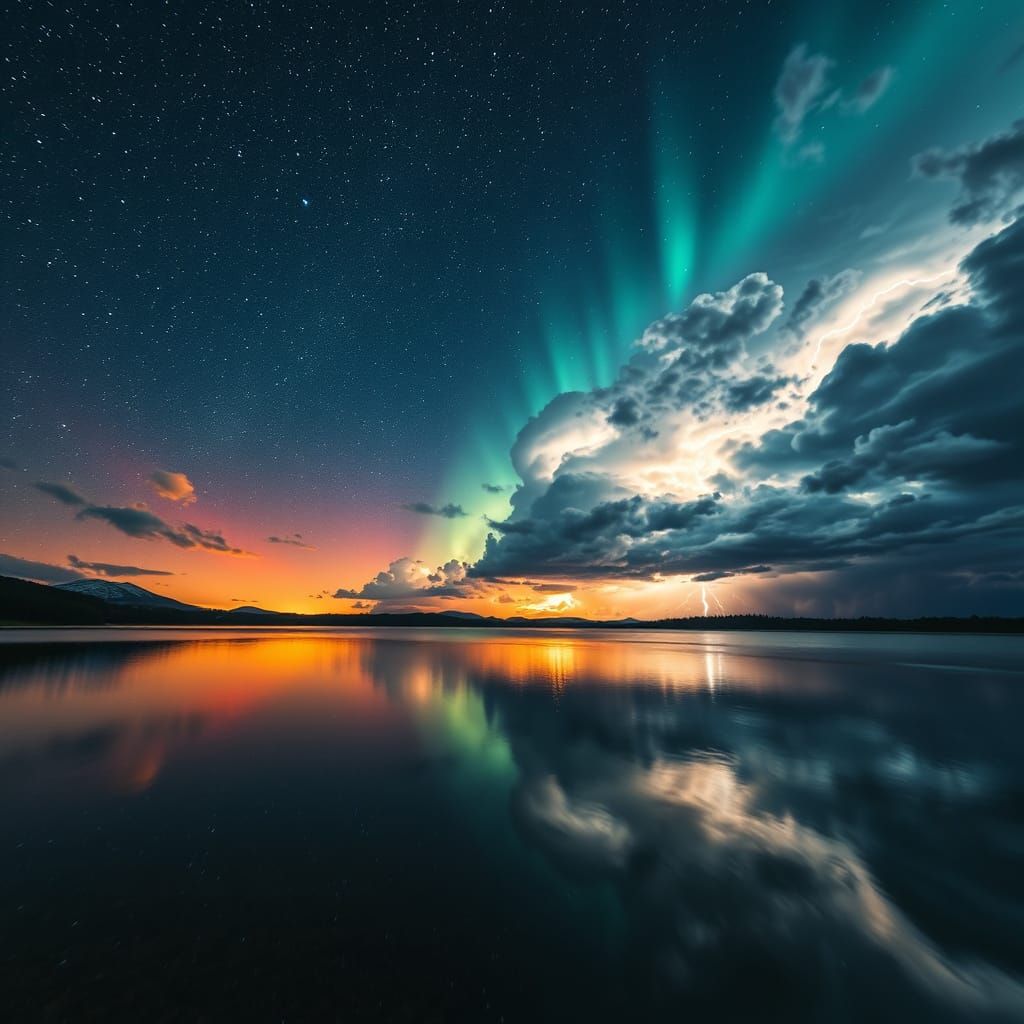 Starry Lake Reflects Stormy Horizon in Hyperrealistic Style